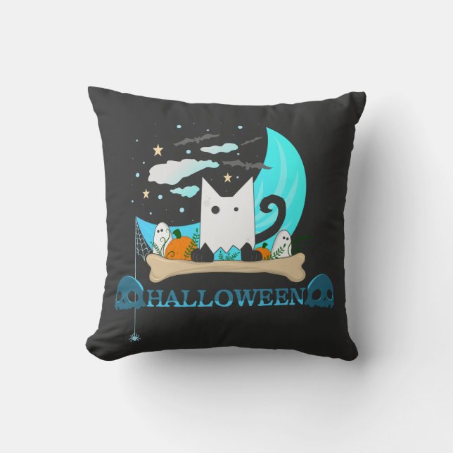 Playful Ghost Cat Haunts Halloween Night Cushion (Front)