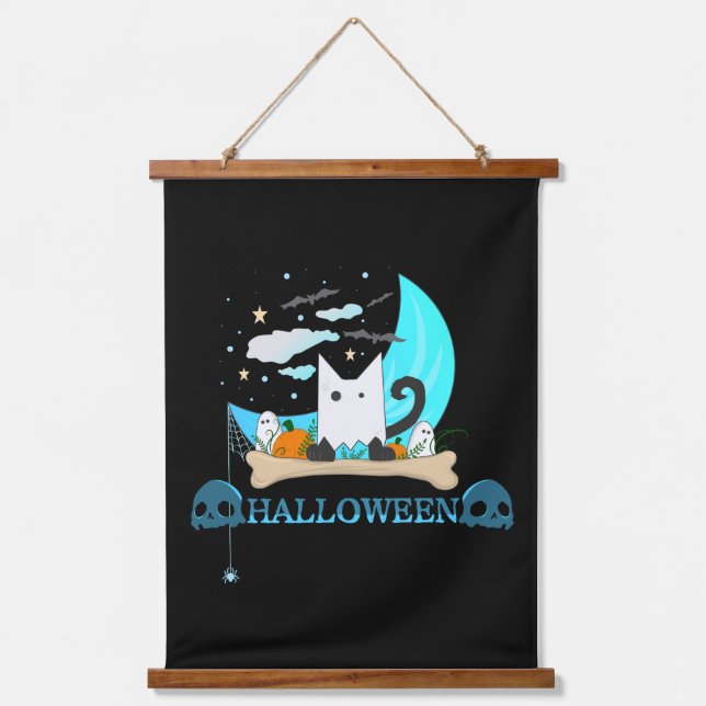 Playful Ghost Cat Haunts Halloween Night Hanging Tapestry (Front)