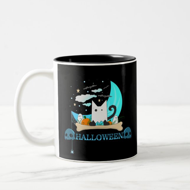 Playful Ghost Cat Haunts Halloween Night Two-Tone Coffee Mug (Left)
