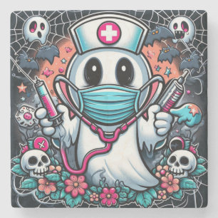Playful Ghost Nurse in Mask and Hat: Halloween Stone Coaster
