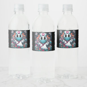 Playful Ghost Nurse in Mask and Hat: Halloween-The Water Bottle Label