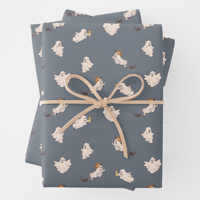 Playful Ghosts Halloween Pattern Wrapping Paper Sheet (In situ)