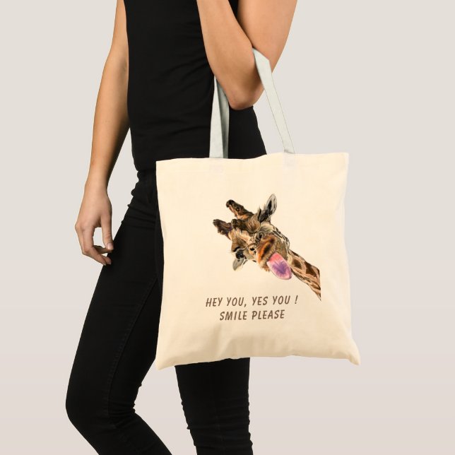 Playful Giraffe Funny Tote Bag Smile - Custom Text (Front (Product))