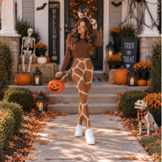 Playful Giraffe Halloween Print Warm Brown Cream Leggings
