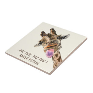 Playful Giraffe Tongue Out Ceramic Tile Smile