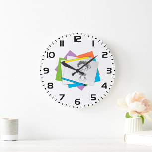 Playful Girl Sketch Drawing with Colourful Pencils Large Clock