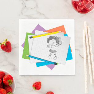 Playful Girl Sketch Drawing with Colourful Pencils Napkin