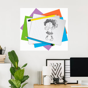 Playful Girl Sketch Drawing with Colourful Pencils Poster