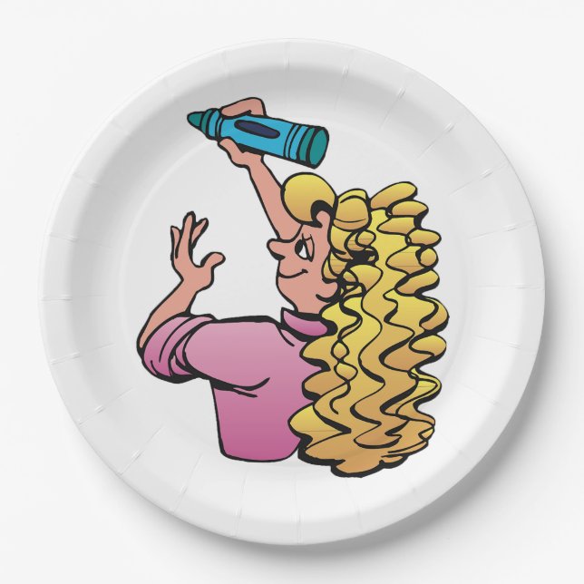 Playful Girl with Crayon Paper Plate (Front)