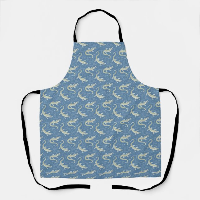 Playful Green Alligator Paisley on Blue Apron (Front)