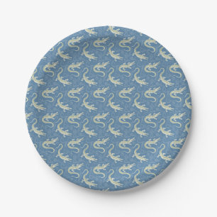 Playful Green Alligator Paisley on Blue Paper Plate