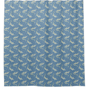 Playful Green Alligator Paisley on Blue Shower Curtain