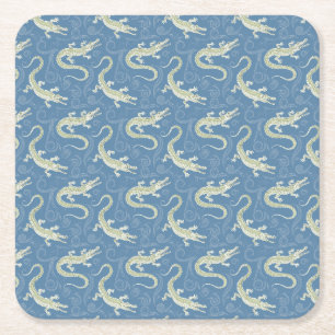 Playful Green Alligator Paisley on Blue Square Paper Coaster