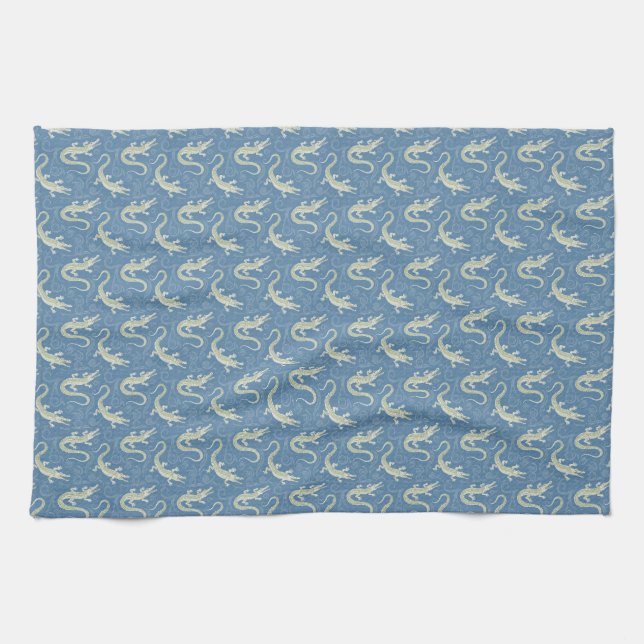 Playful Green Alligator Paisley on Blue Tea Towel (Horizontal)