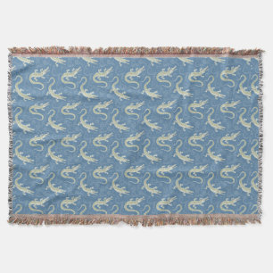 Playful Green Alligator Paisley on Blue Throw Blanket