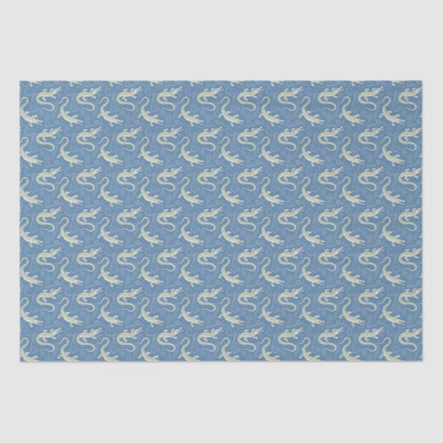 Playful Green Alligator Paisley on Blue Tissue Paper (Front)