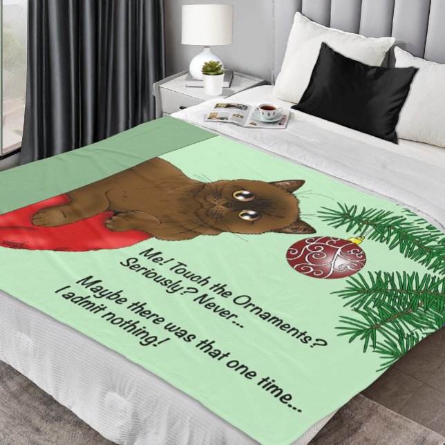Playful Green Cute Christmas Brown Cat Humor Fleece Blanket (Creator Uploaded)