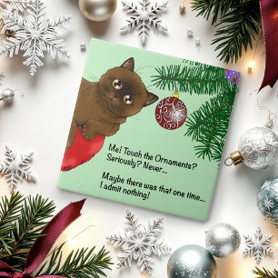 Playful Green Cute Christmas Brown Cat Humour Ceramic Tile