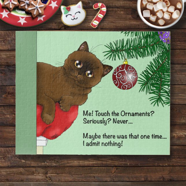 Playful Green Cute Christmas Brown Cat Humour Jigsaw Puzzle (Creator Uploaded)