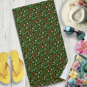 Playful Green Festive Gingerbread Candy Pattern Beach Towel