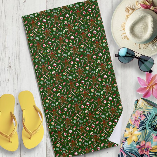 Playful Green Festive Gingerbread Candy Pattern Beach Towel (Creator Uploaded)