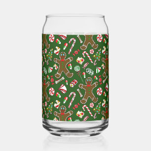 Playful Green Festive Gingerbread Candy Pattern Can Glass