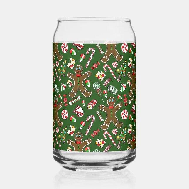 Playful Green Festive Gingerbread Candy Pattern Can Glass (Front)