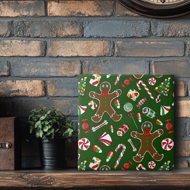 Playful Green Festive Gingerbread Candy Pattern Ceramic Tile (Creator Uploaded)
