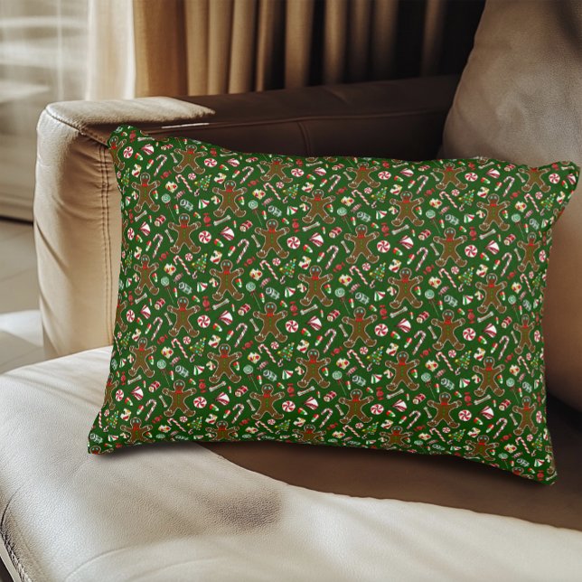 Playful Green Festive Gingerbread Candy Pattern Decorative Cushion (Creator Uploaded)