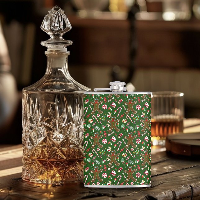 Playful Green Festive Gingerbread Candy Pattern Hip Flask (Creator Uploaded)