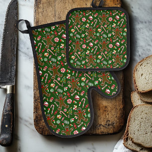 Playful Green Festive Gingerbread Candy Pattern Oven Mitt & Pot Holder Set