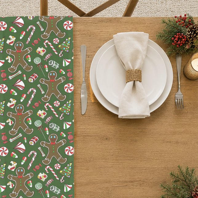 Playful Green Festive Gingerbread Candy Pattern Short Table Runner (Creator Uploaded)