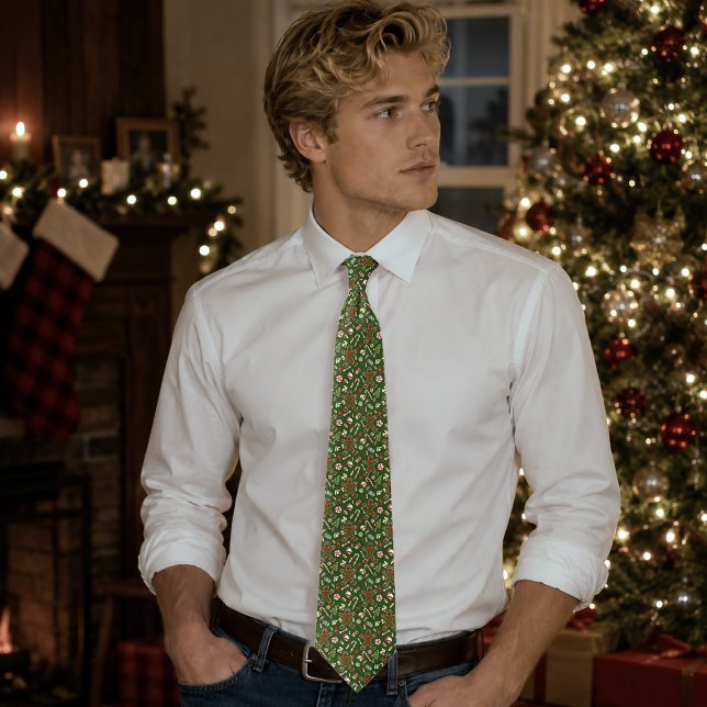 Playful Green Festive Gingerbread Candy Pattern Tie (Creator Uploaded)