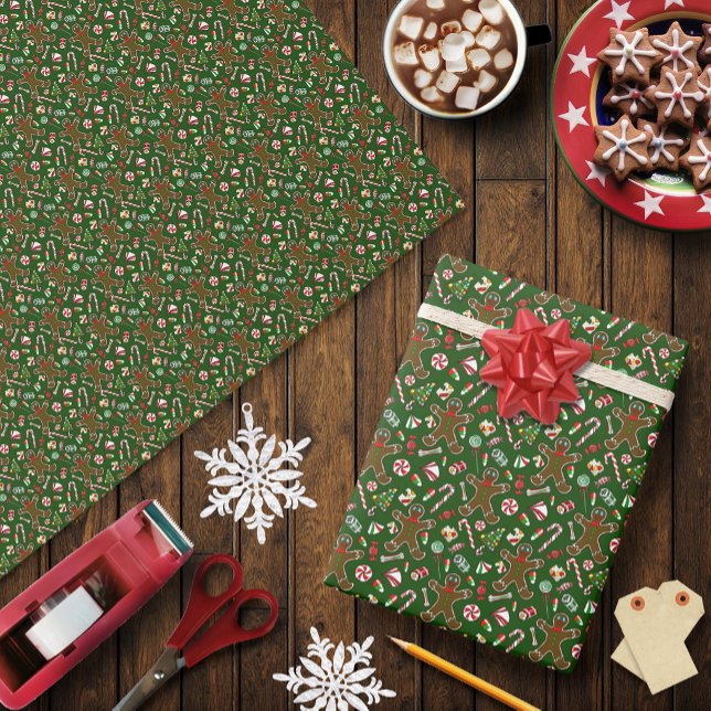 Playful Green Festive Gingerbread Candy Pattern Wrapping Paper (Creator Uploaded)