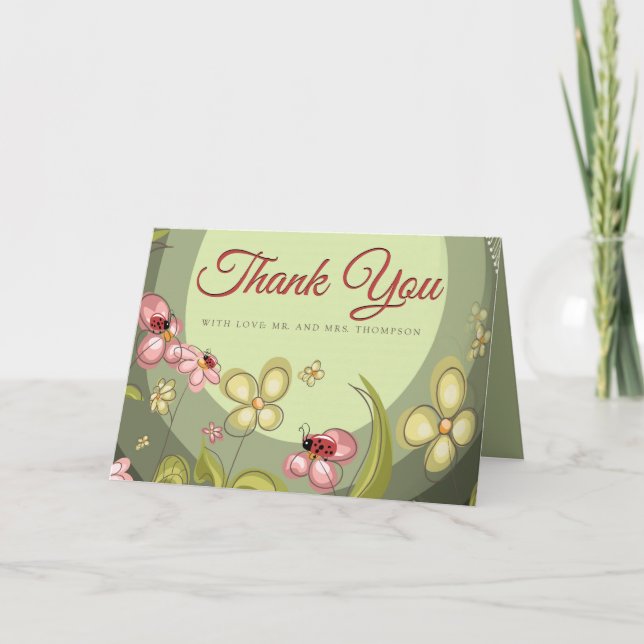 Playful Green & Lady-bird Thank You Card (Front)