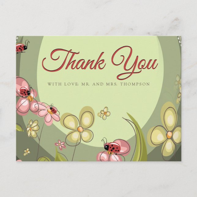 Playful Green & Lady-bird Thank You Postcard (Front)