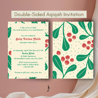 Playful Green Leaf Red Cherry Dots in Beige Aqiqah Invitation