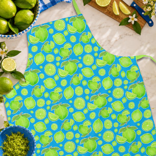 Playful Green Limes on Blue Citrus Fruit Pattern Apron