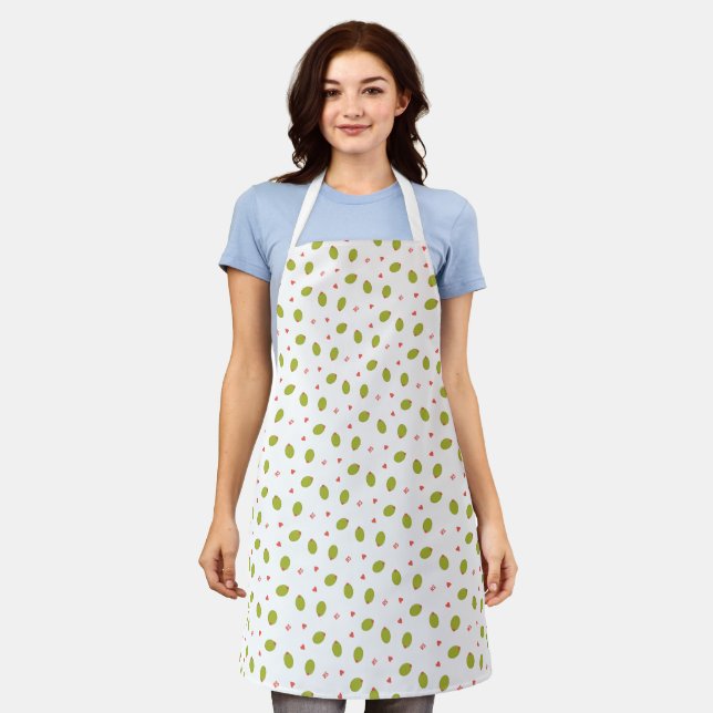 Playful Green Olives, Hearts, & Initials Pattern Apron (Worn)