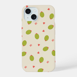 Playful Green Olives, Hearts, & Initials Pattern iPhone 15 Case