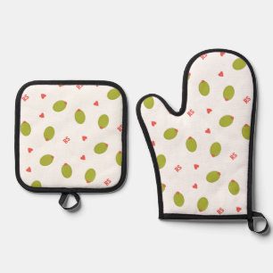 Playful Green Olives, Hearts, & Initials Pattern Oven Mitt & Pot Holder Set