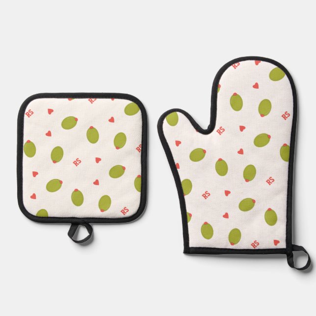 Playful Green Olives, Hearts, & Initials Pattern Oven Mitt & Pot Holder Set (Front)