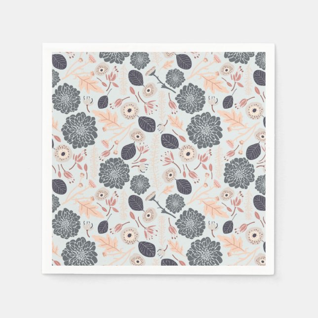 Playful Grey Blue Peach Floral Repeat Print Napkin (Front)