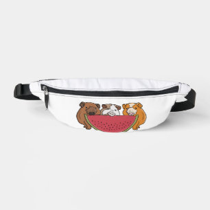 Playful Guinea Pigs and Watermelon Illustration Bum Bags