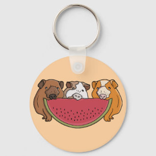 Playful Guinea Pigs and Watermelon Illustration Key Ring
