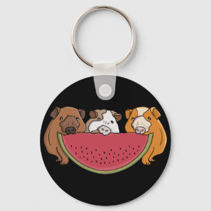 Playful Guinea Pigs and Watermelon Illustration Key Ring