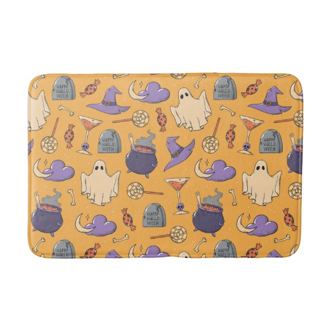 Playful Halloween Ghosts and Witches Pattern Bath Mat (Front)