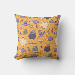 Playful Halloween Ghosts and Witches Pattern Cushion