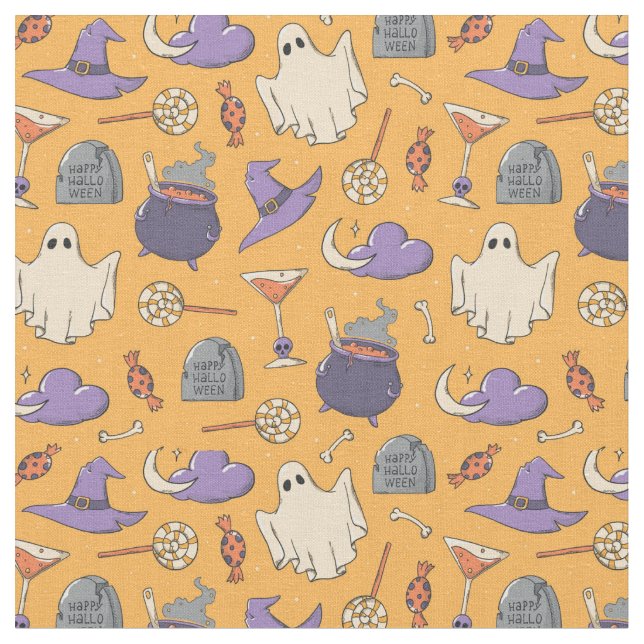 Playful Halloween Ghosts and Witches Pattern Fabric (Close Up)