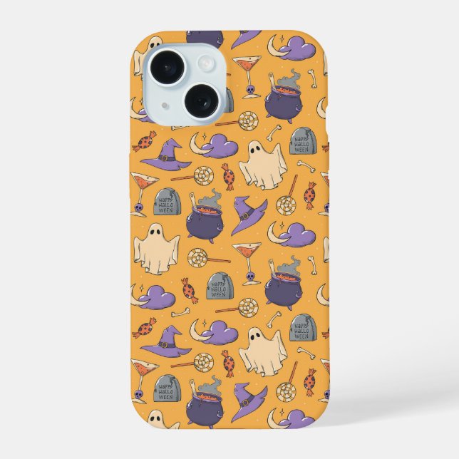 Playful Halloween Ghosts and Witches Pattern iPhone 15 Case (Back)
